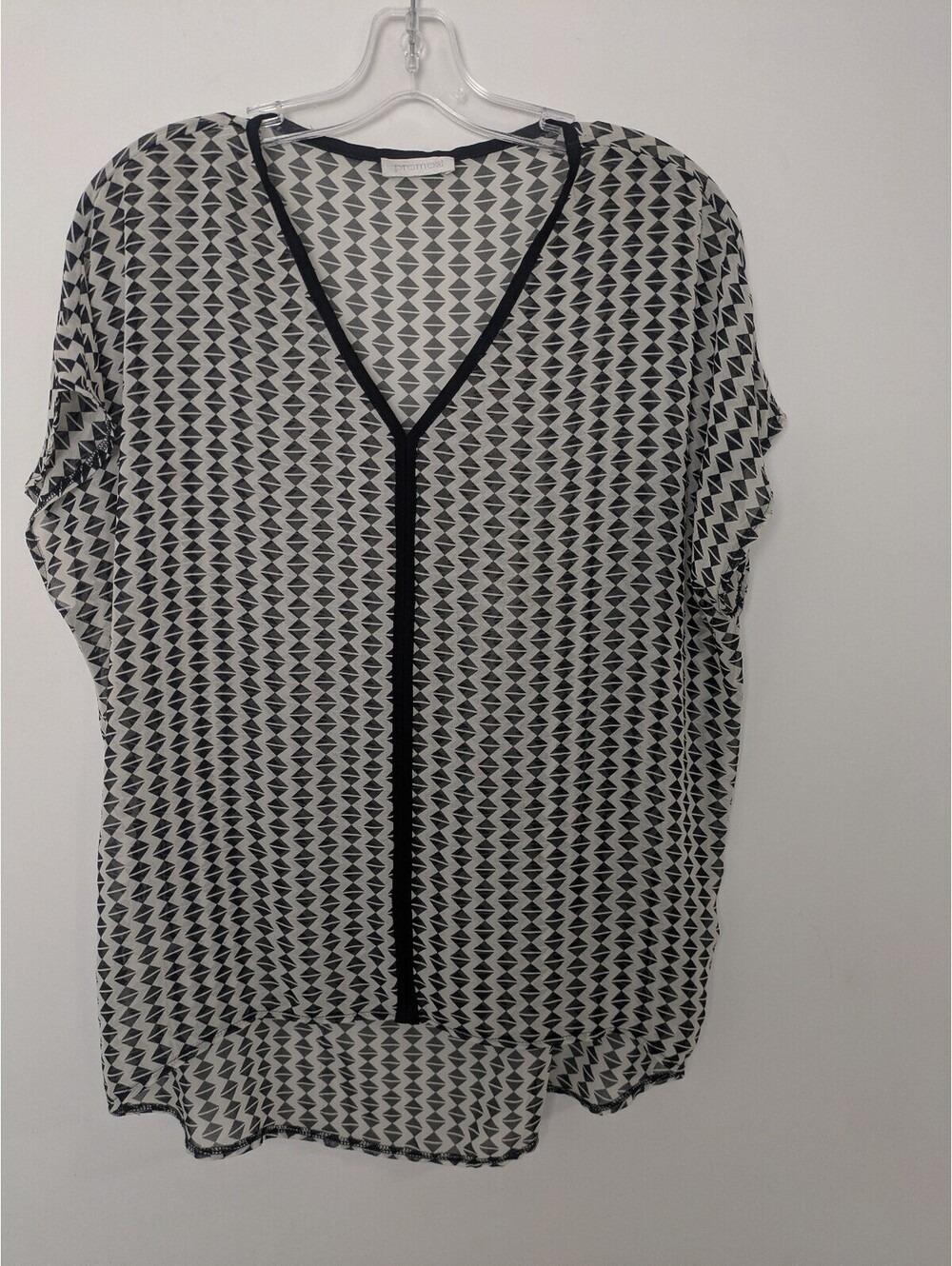 Promod Geometric Diamond Print V-Neck Blouse Black White Flowy Tunic Top